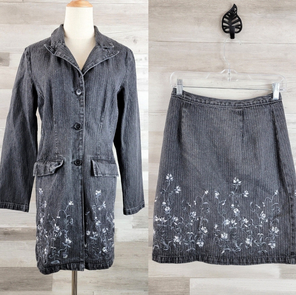 Vintage Style Works Denim Floral Embroidered Midi Skirt Coat Set Women's Size 6 - Picture 16 of 16